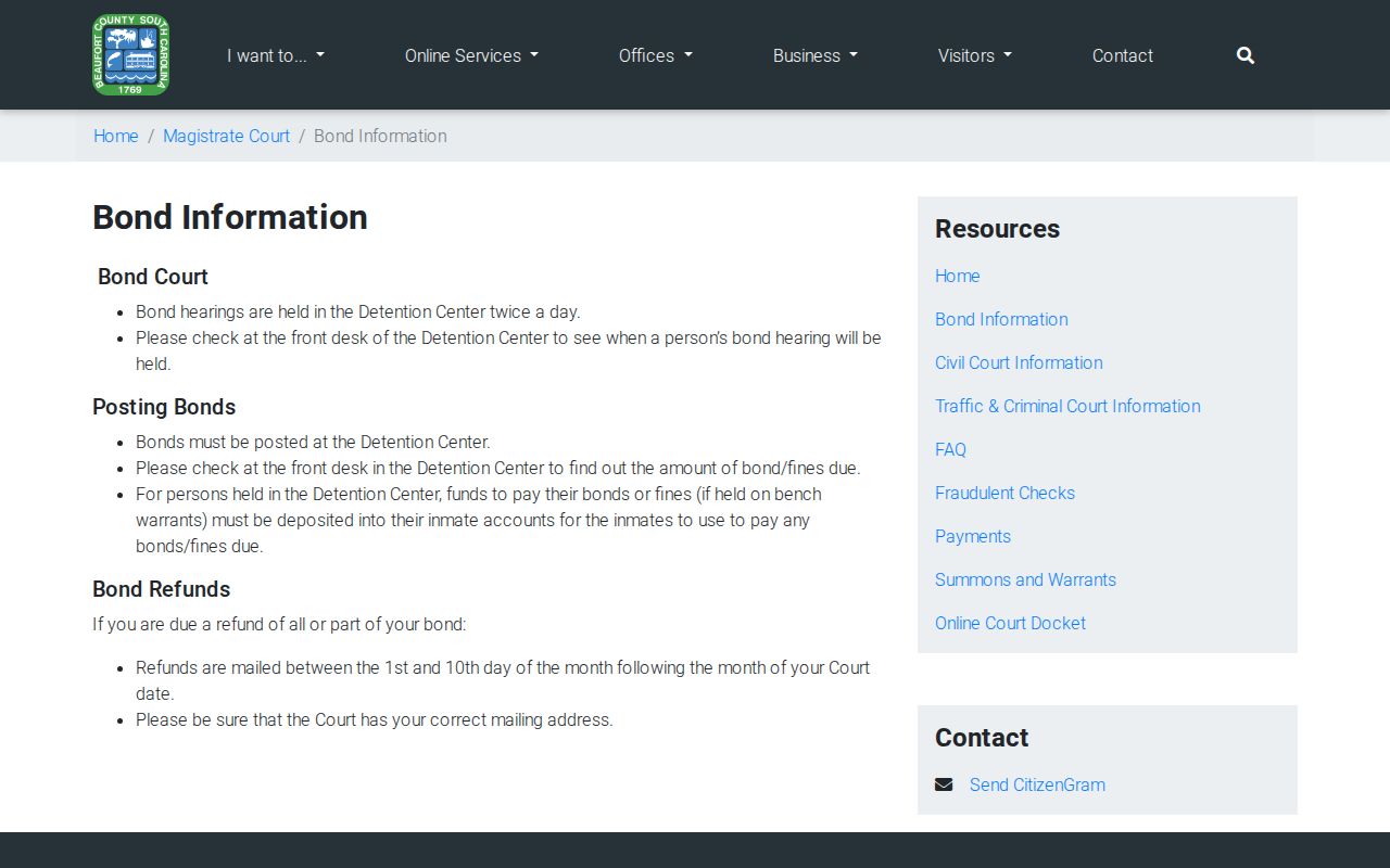 Beaufort County warrant records bond court and Detention Center instructions