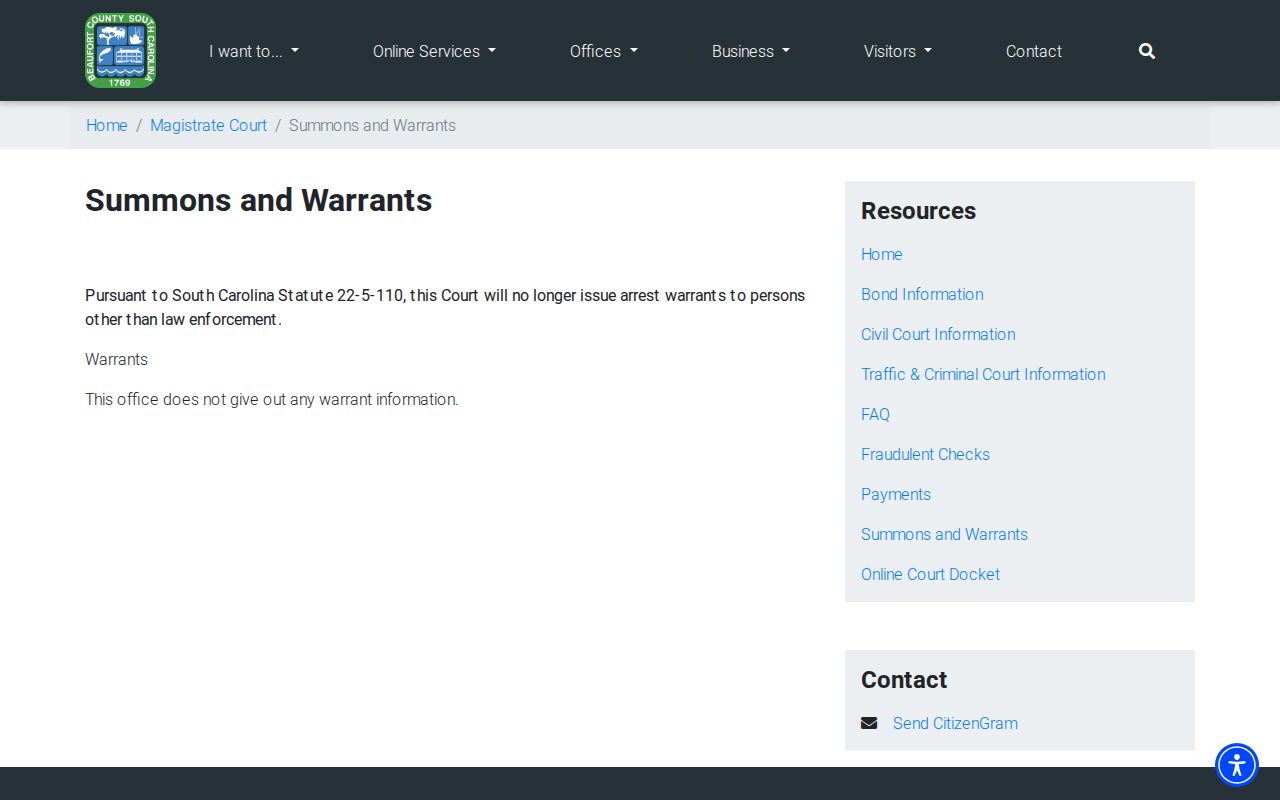 Beaufort County warrant records notice from the Magistrate Court