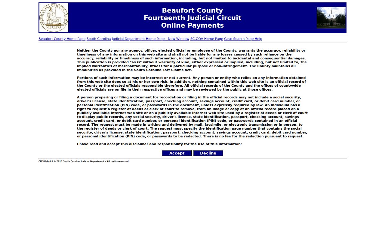 Beaufort County Public Index online case-payment screen