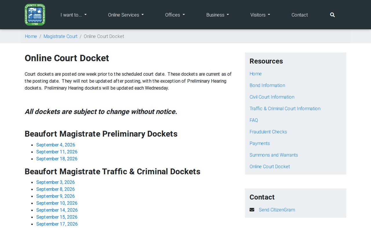 Beaufort County Magistrate docket-posting page and update caveat