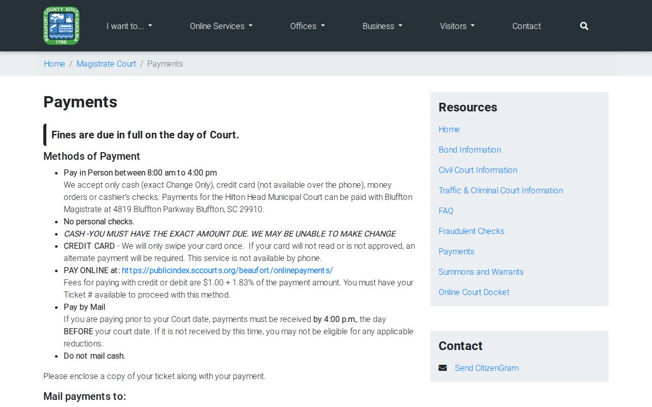 Beaufort County traffic warrant payment methods and court follow-up