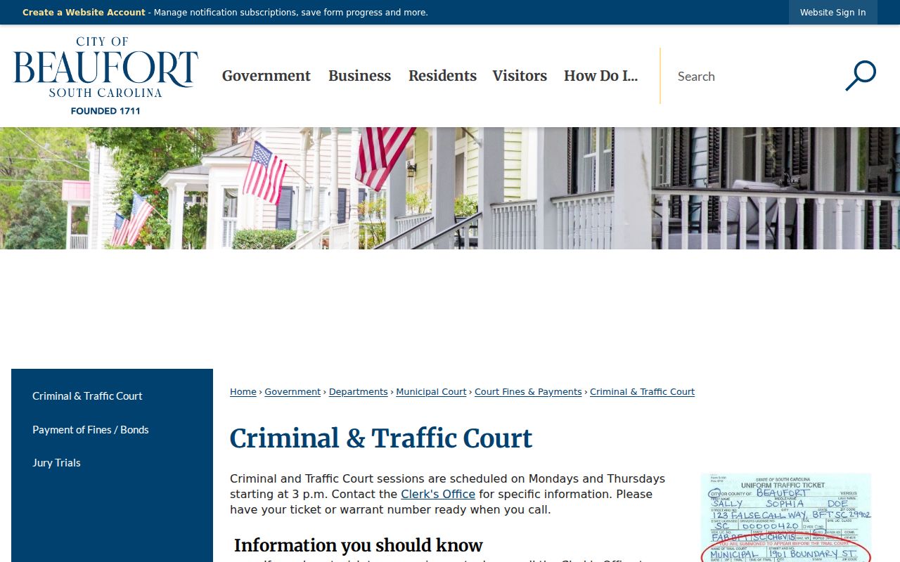 Beaufort Municipal Court ticket and warrant number instructions for criminal and traffic cases