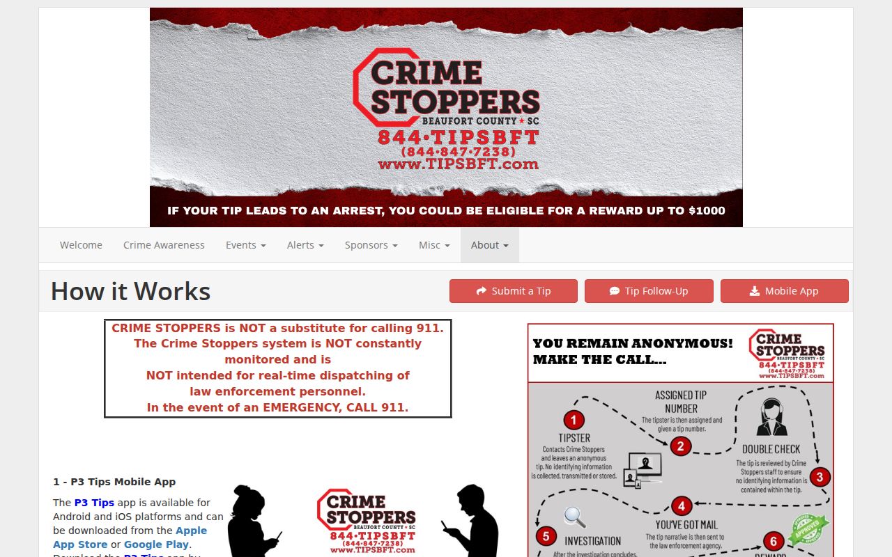 Beaufort County P3 anonymous tip page with web and phone reporting options