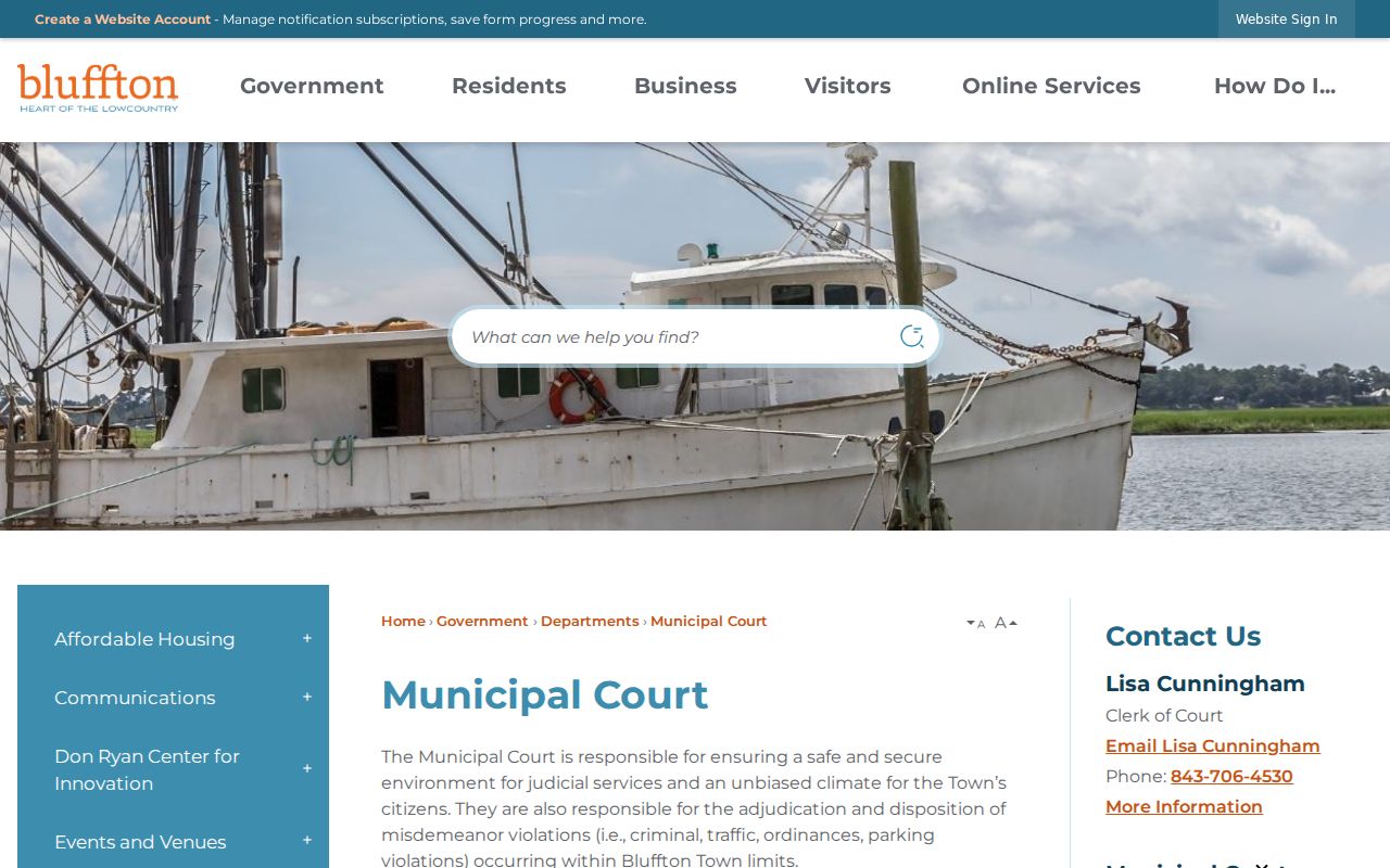 Bluffton Municipal Court contact page with payment and reschedule links