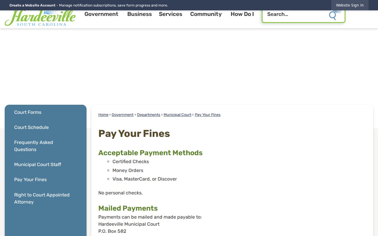 Hardeeville Municipal Court payment page using the ticket number as a case reference