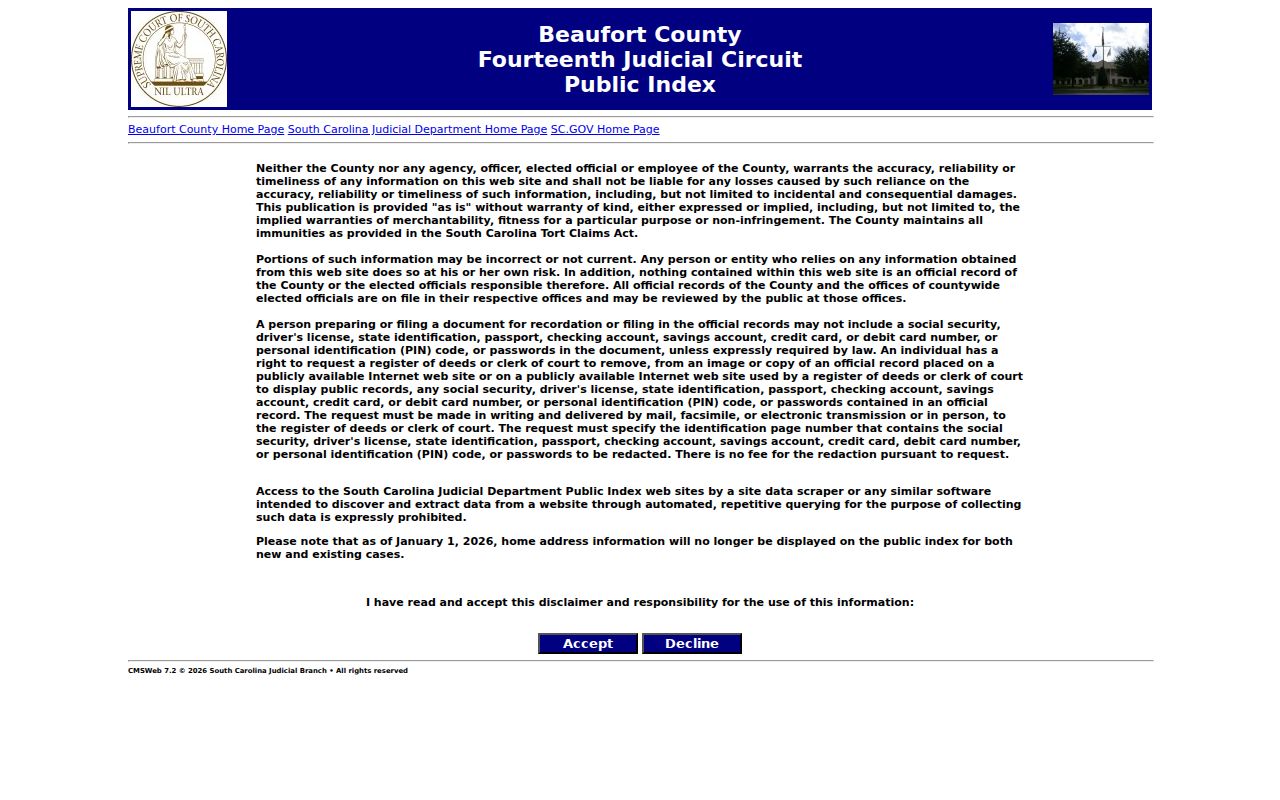 Beaufort County warrant records case search landing interface for the Public Index